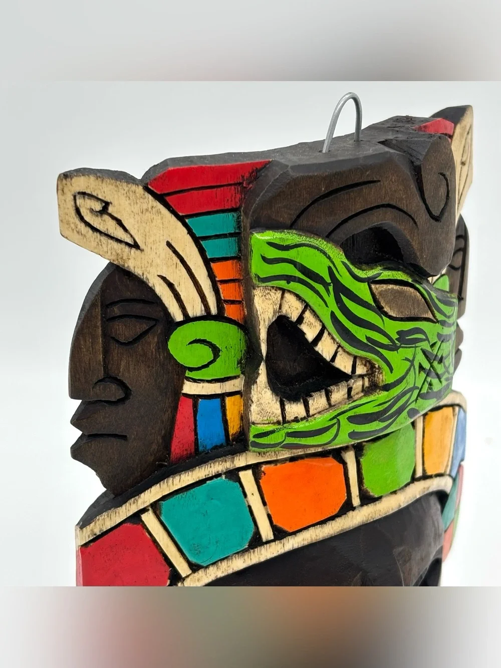 Hand Carved Wooden Mexican Mayan Face Mask Painted 3D Folk Art Wall Hanging Deco